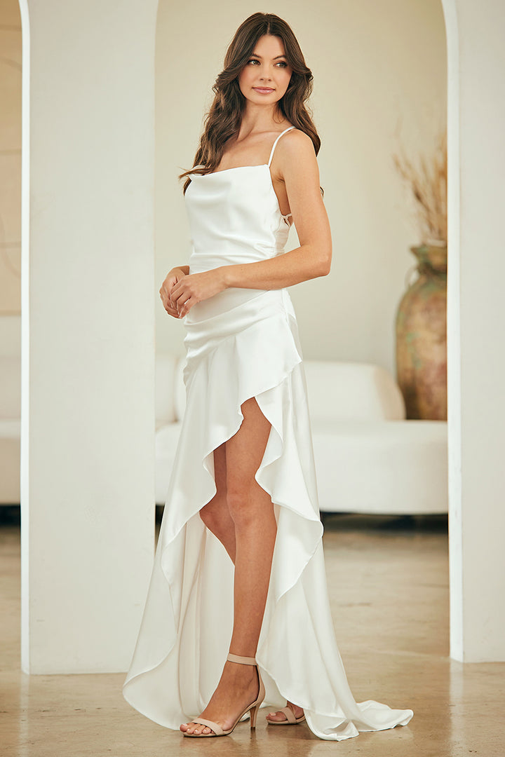 Satin Fitted Cowl Slit Gown by Amelia Couture 6131