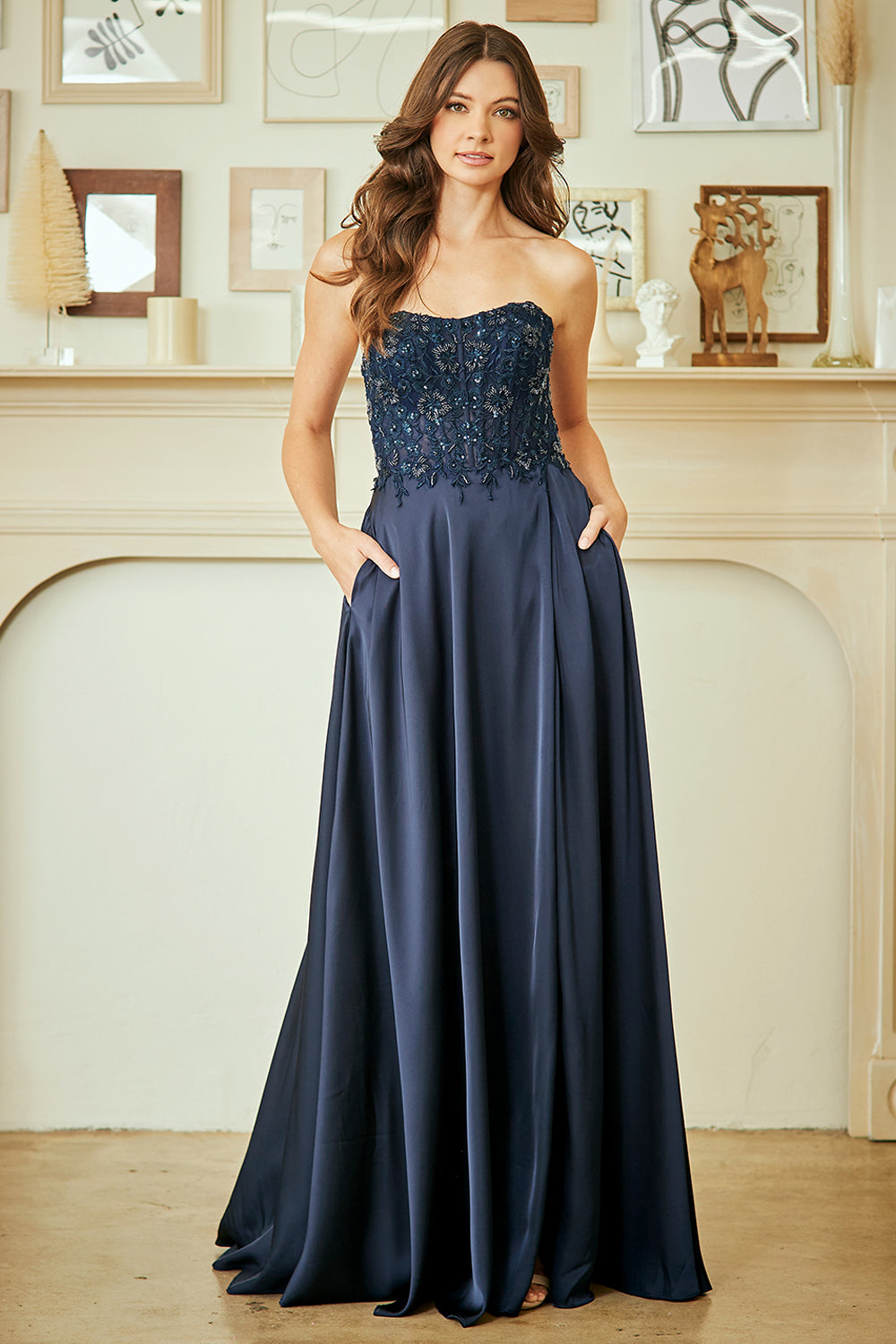 Applique Strapless Slit Gown by Amelia Couture 6204