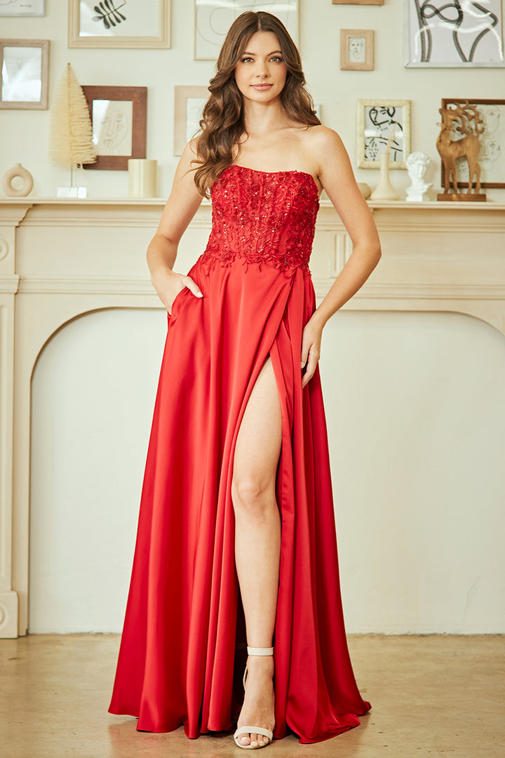 Applique Strapless Slit Gown by Amelia Couture 6204