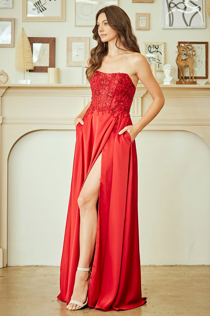 Applique Strapless Slit Gown by Amelia Couture 6204