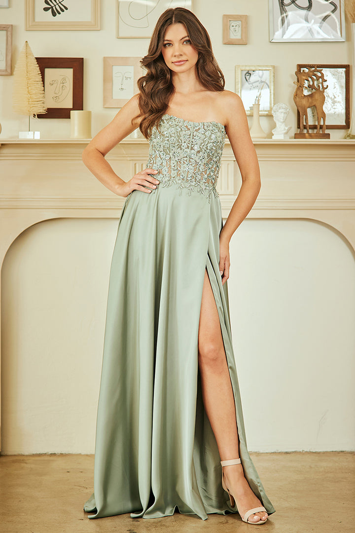 Applique Strapless Slit Gown by Amelia Couture 6204