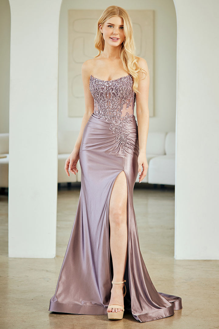 Applique Strapless Slit Gown by Amelia Couture 8059