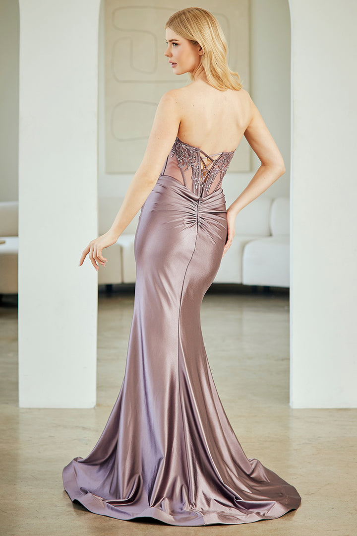 Applique Strapless Slit Gown by Amelia Couture 8059