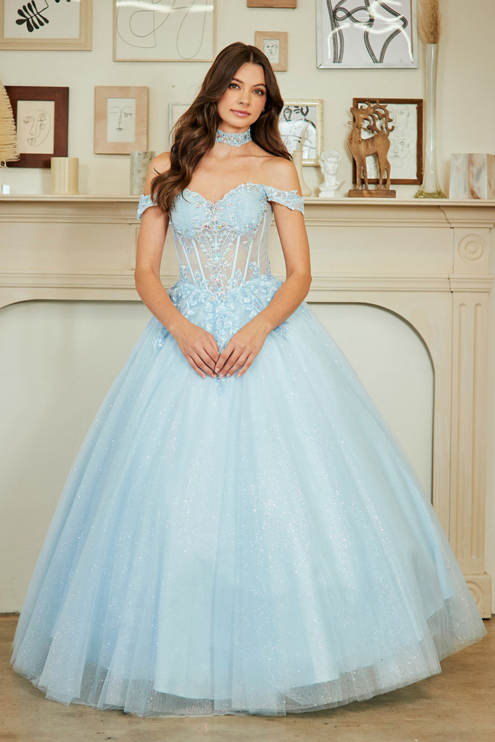 Glitter Off Shoulder Ball Gown by Amelia Couture 8064