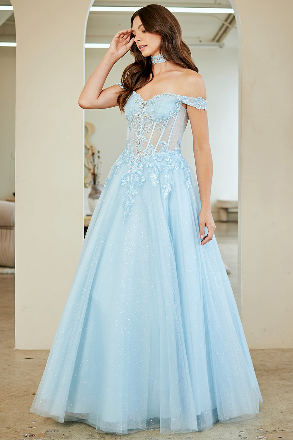 Glitter Off Shoulder Ball Gown by Amelia Couture 8064