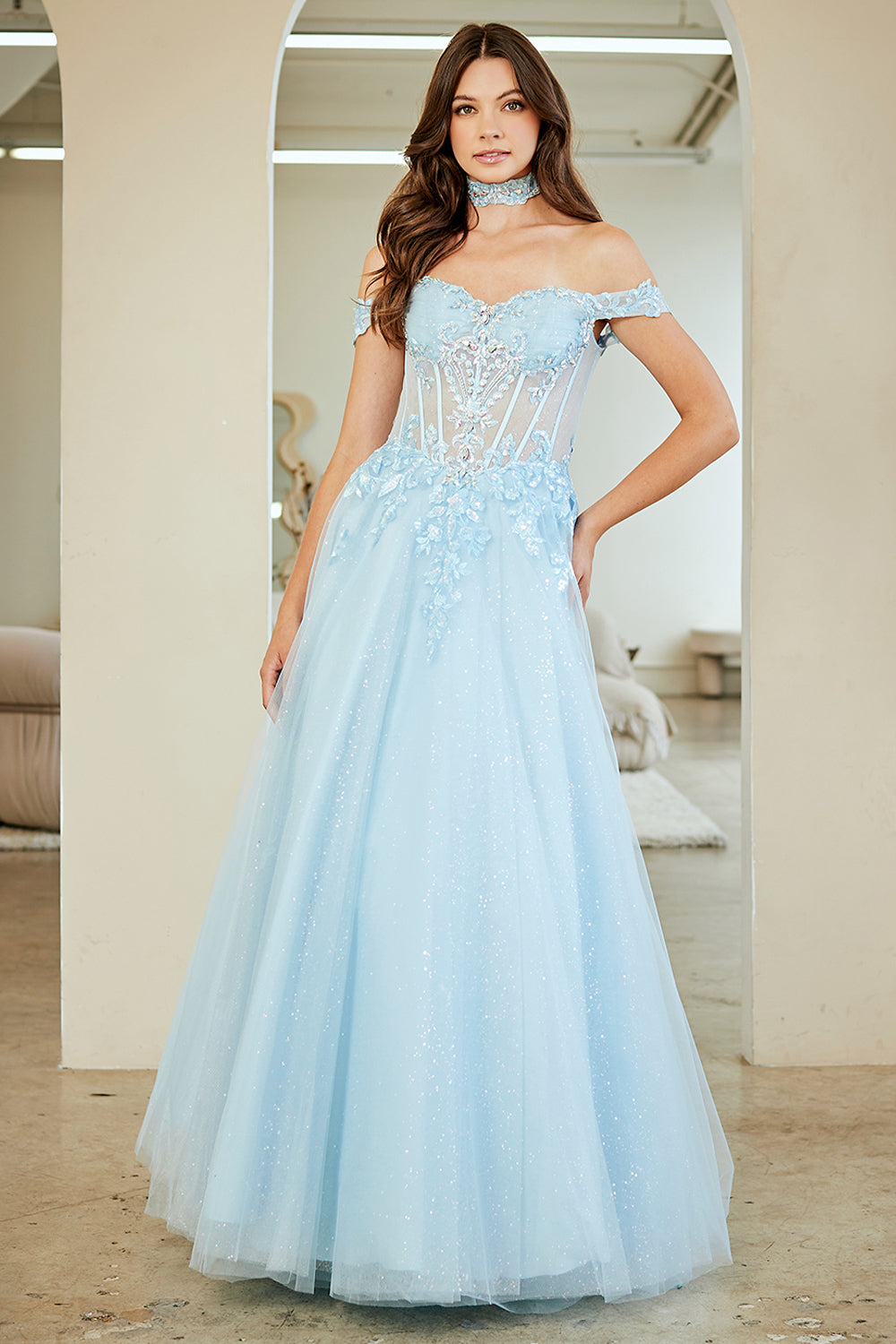 Glitter Off Shoulder Ball Gown by Amelia Couture 8064