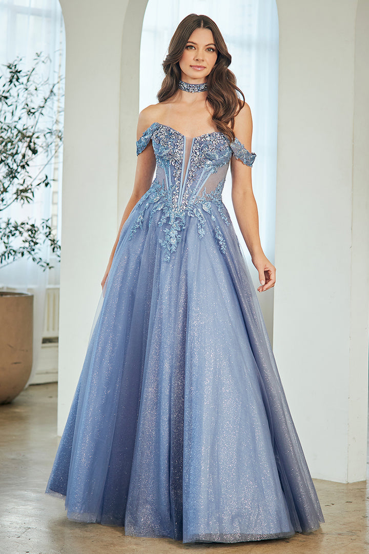 Applique Off Shoulder Gown by Amelia Couture 8065
