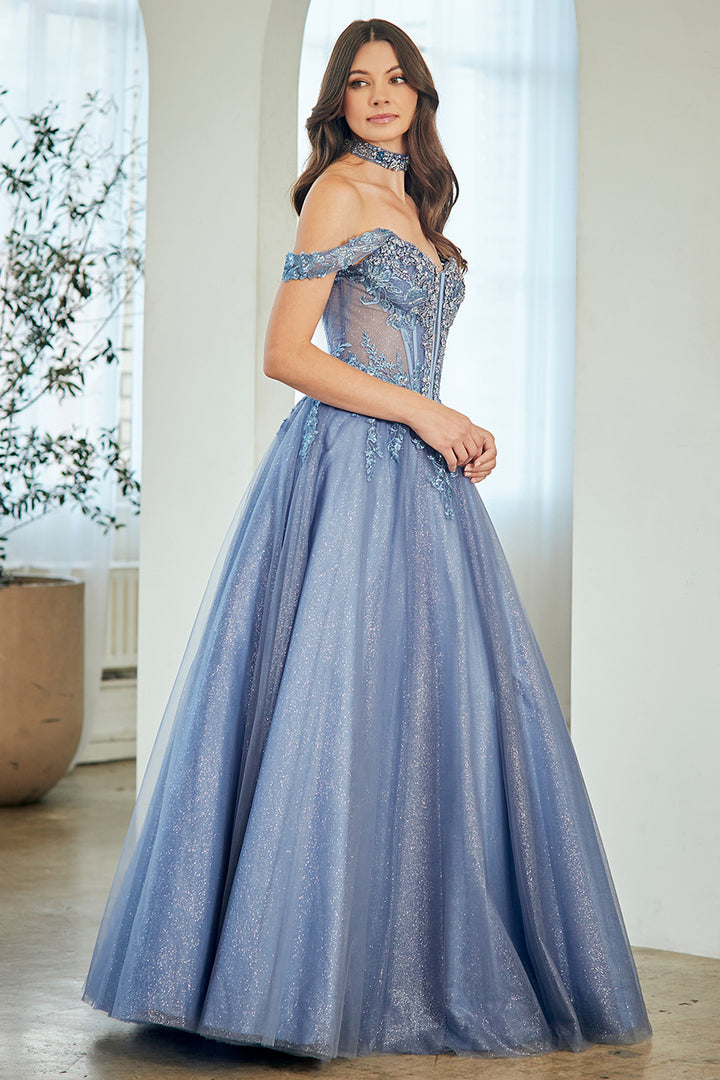 Applique Off Shoulder Gown by Amelia Couture 8065