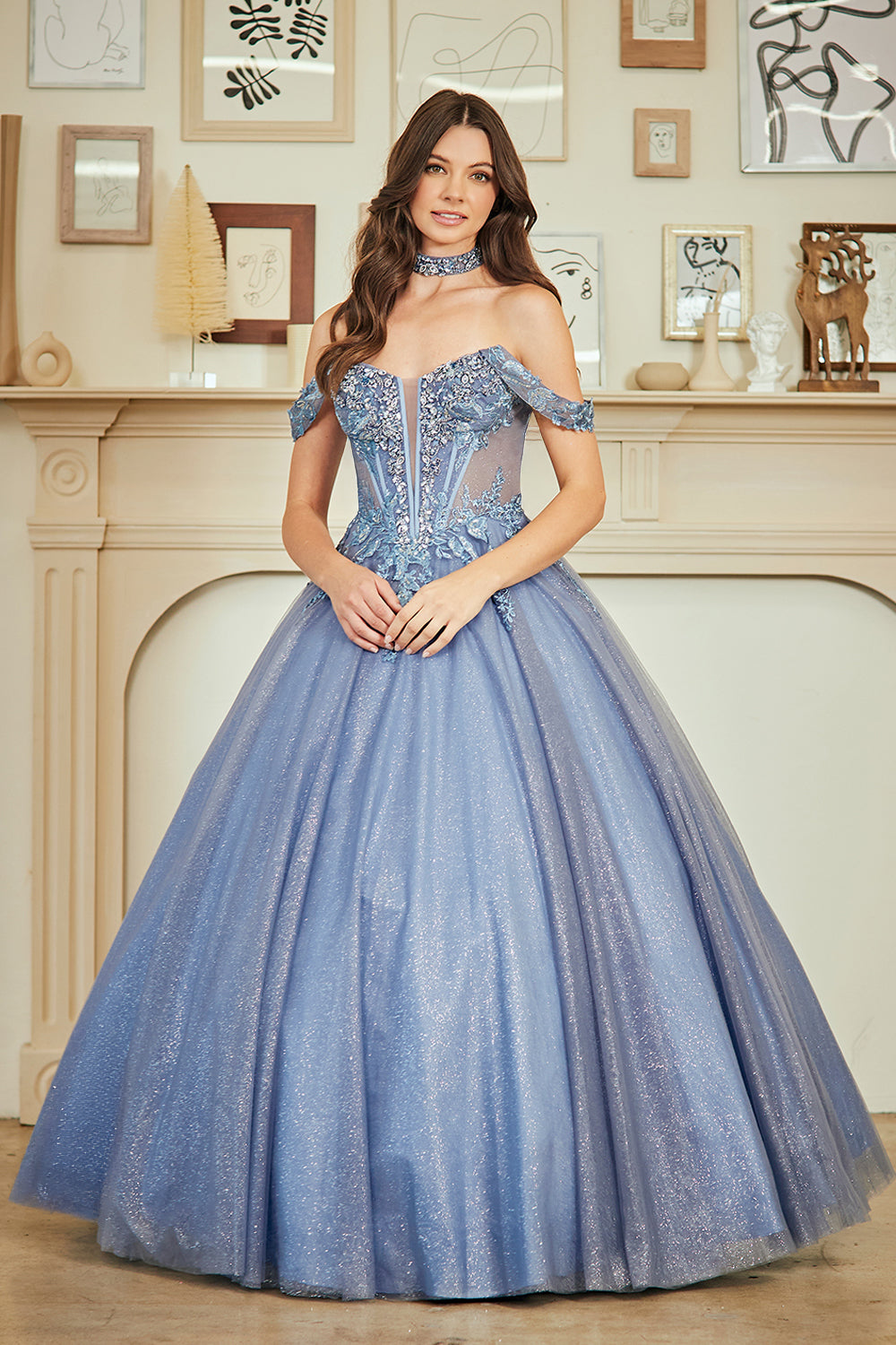 Applique Off Shoulder Gown by Amelia Couture 8065