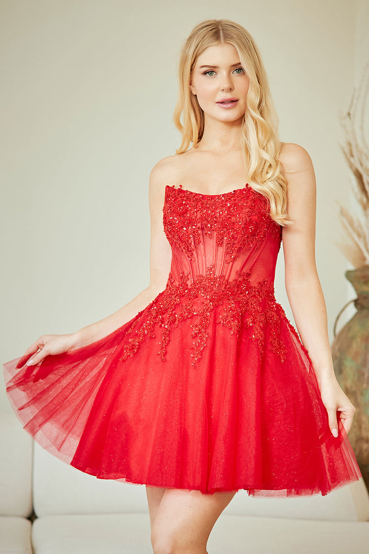 Short Strapless A-line Dress by Amelia Couture 9083S