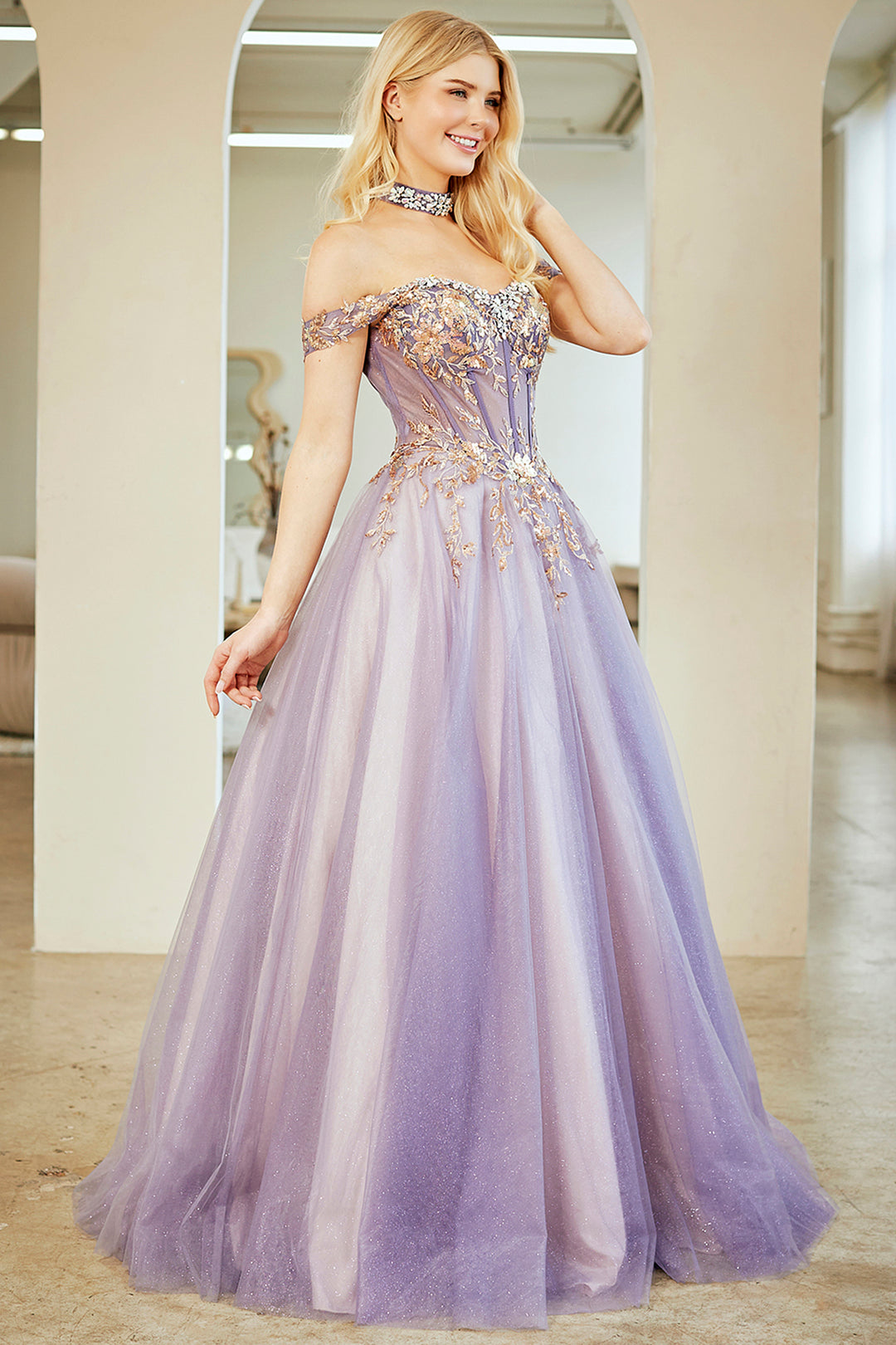 Embroidered Off Shoulder Gown by Amelia Couture 8063