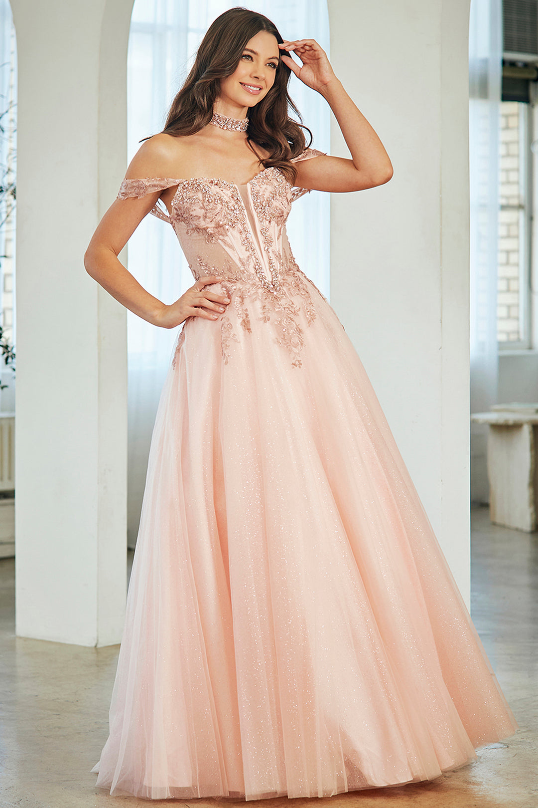 Applique Off Shoulder Gown by Amelia Couture 8065