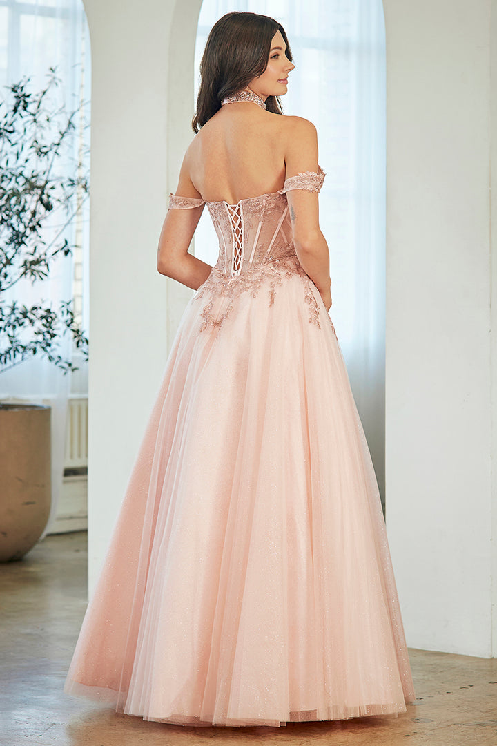 Applique Off Shoulder Gown by Amelia Couture 8065