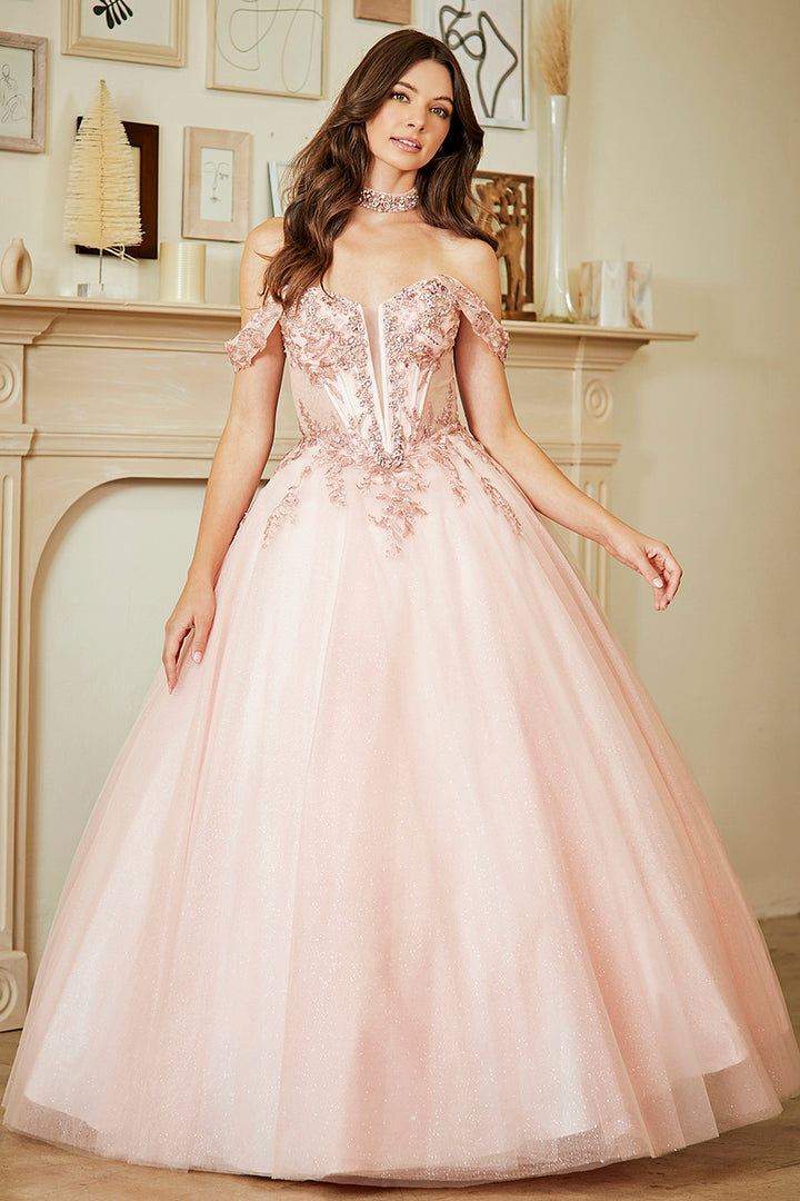 Applique Off Shoulder Gown by Amelia Couture 8065