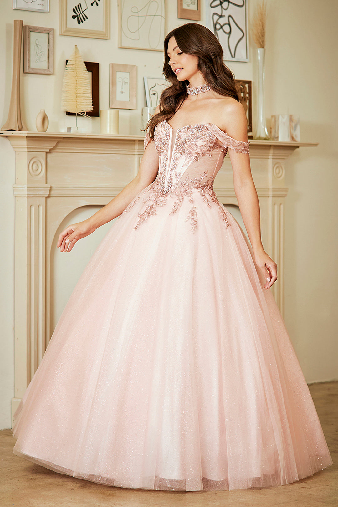 Applique Off Shoulder Gown by Amelia Couture 8065