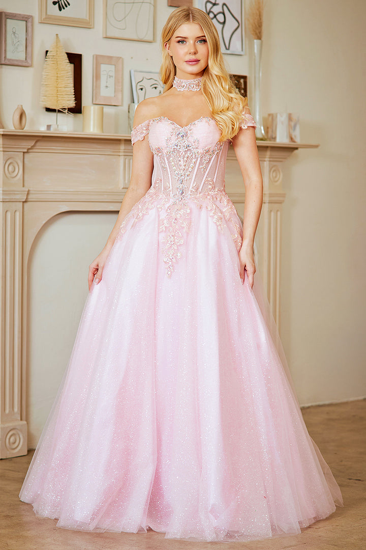 Glitter Off Shoulder Ball Gown by Amelia Couture 8064