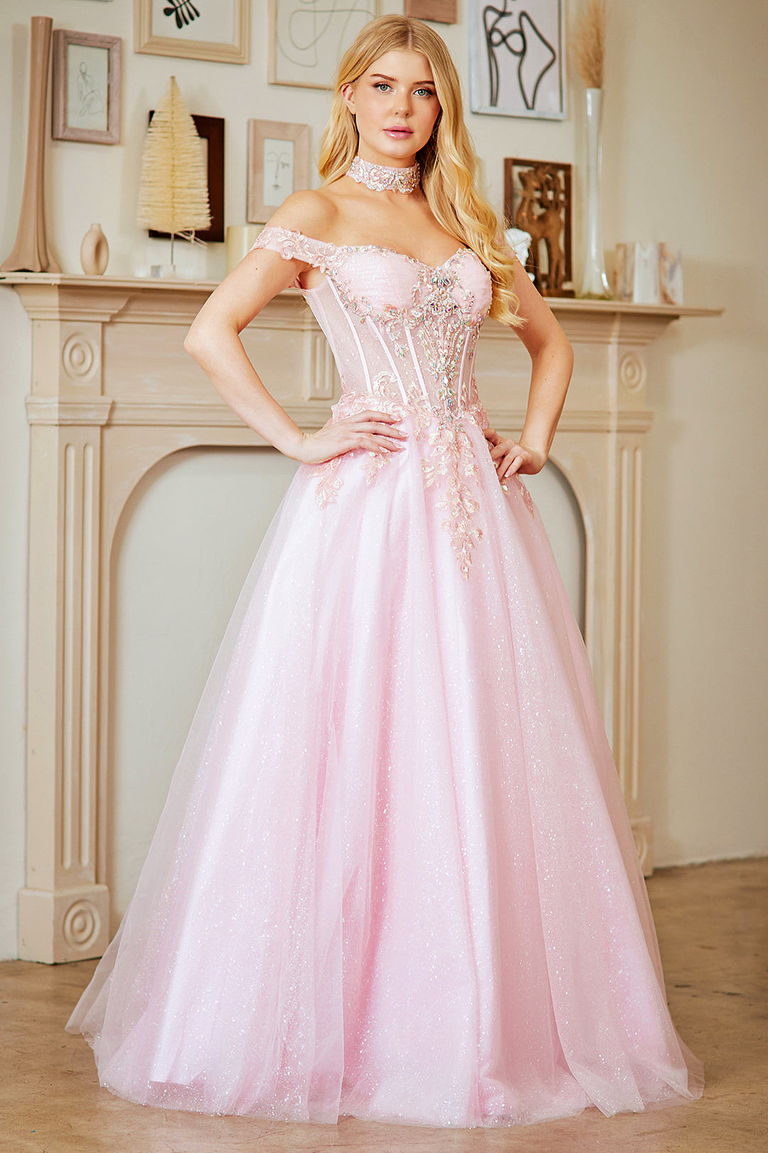 Glitter Off Shoulder Ball Gown by Amelia Couture 8064