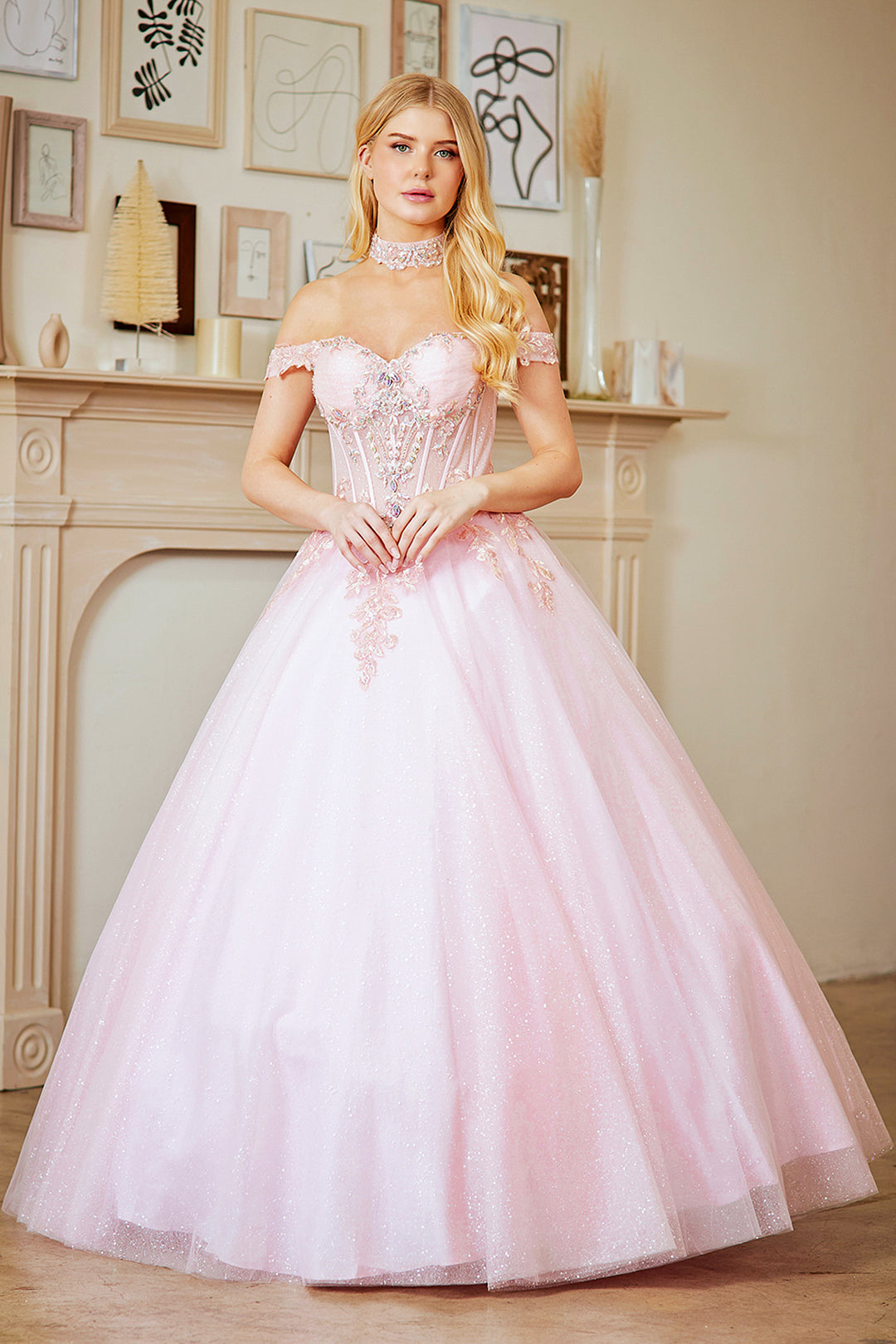 Glitter Off Shoulder Ball Gown by Amelia Couture 8064