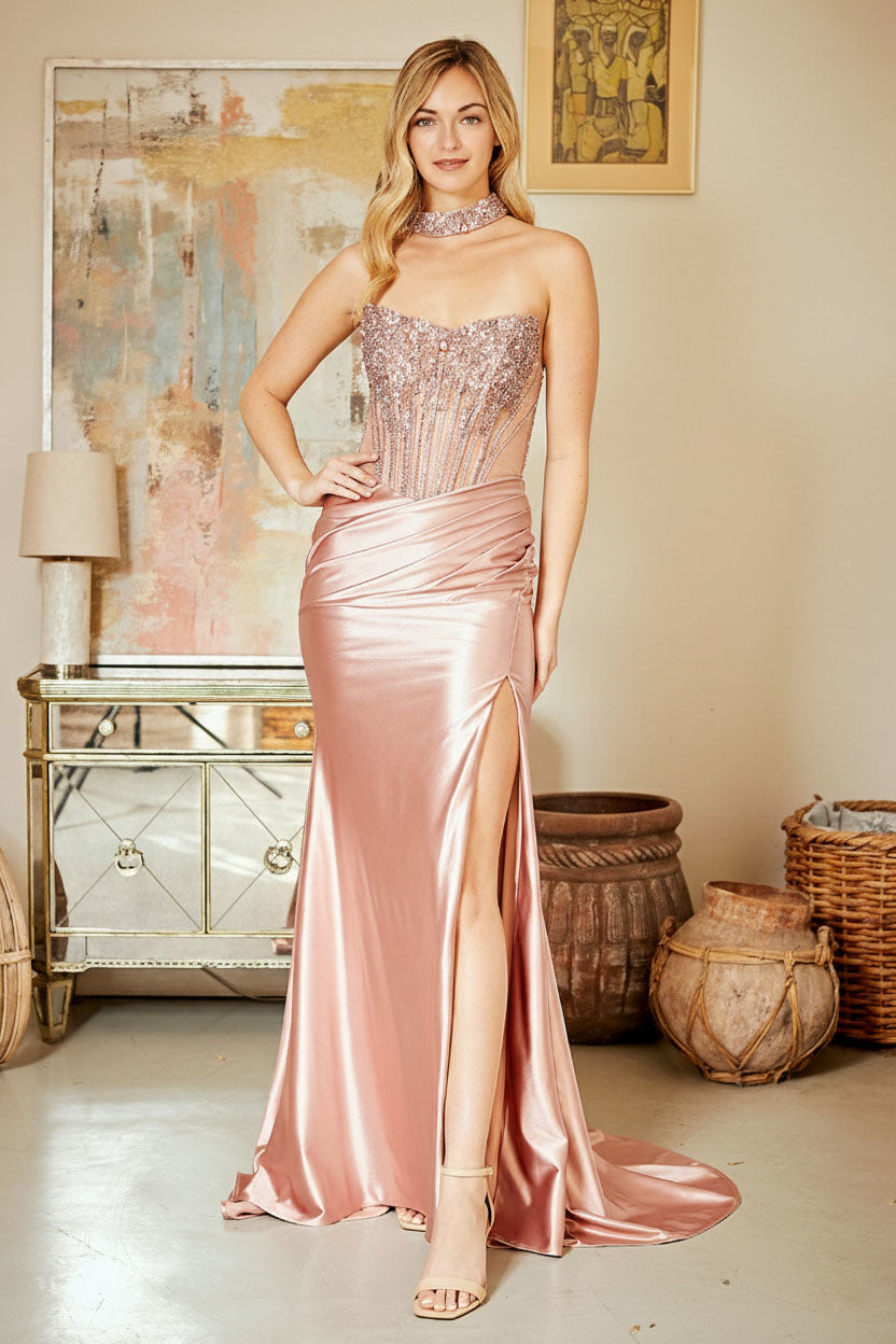 Beaded Satin Strapless Slit Gown by Amelia Couture 2131
