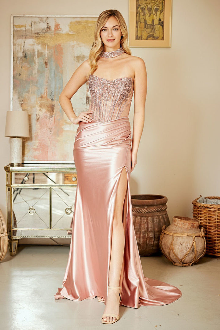 Beaded Satin Strapless Slit Gown by Amelia Couture 2131