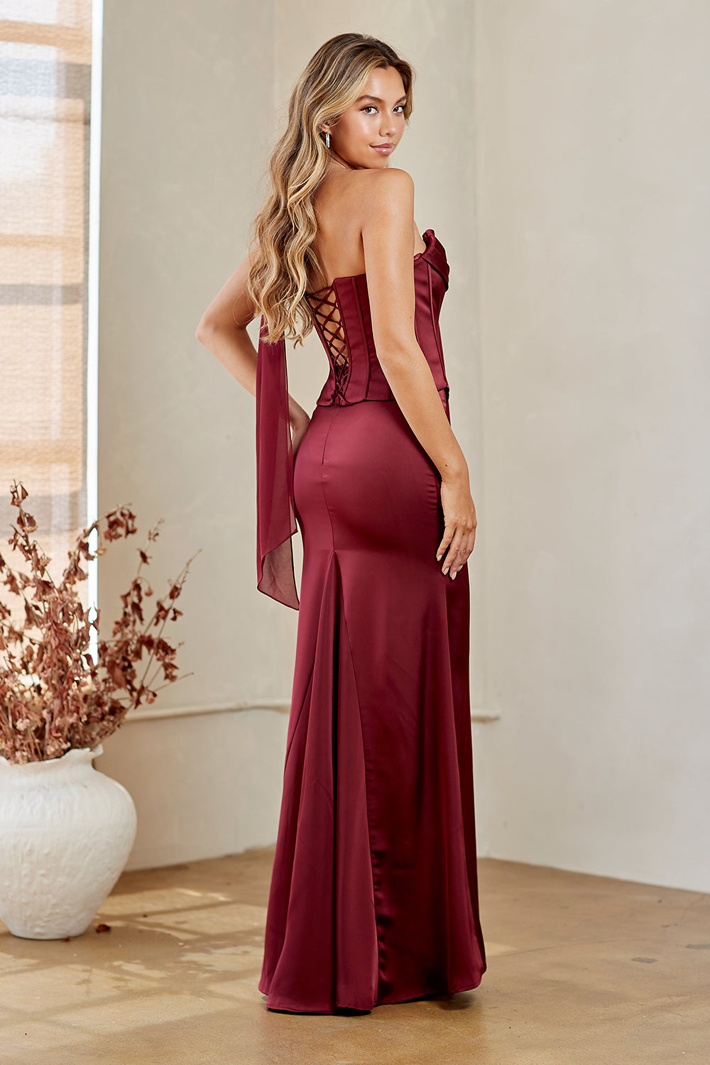 Satin Strapless Scarf Gown by Amelia Couture 6138