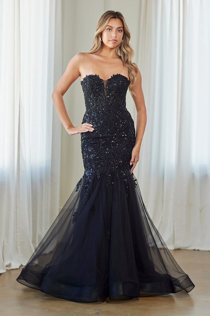 Applique Strapless Slit Gown by Amelia Couture 7090