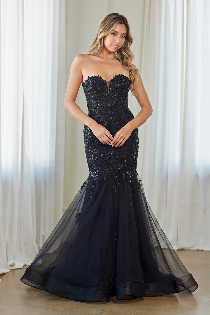 Applique Strapless Slit Gown by Amelia Couture 7090