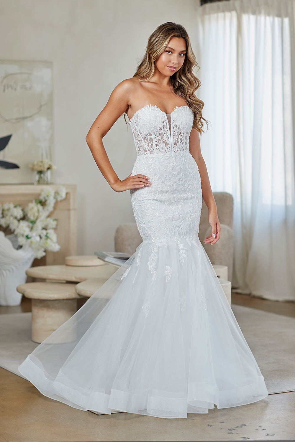 Applique Strapless Slit Gown by Amelia Couture 7090