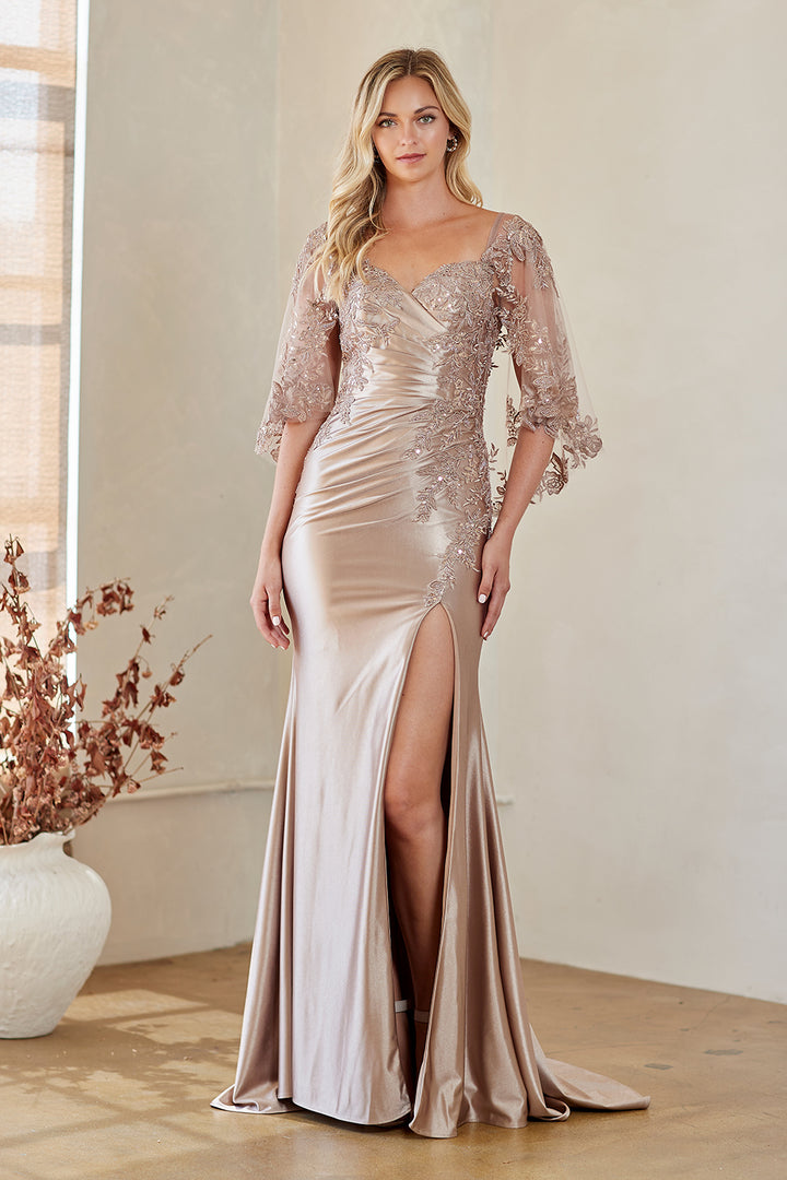 Fitted Mid-Sleeve Slit Gown by Amelia Couture 8073