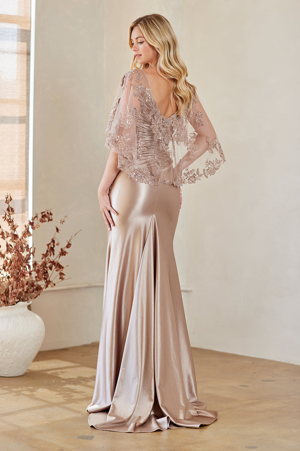 Fitted Mid-Sleeve Slit Gown by Amelia Couture 8073