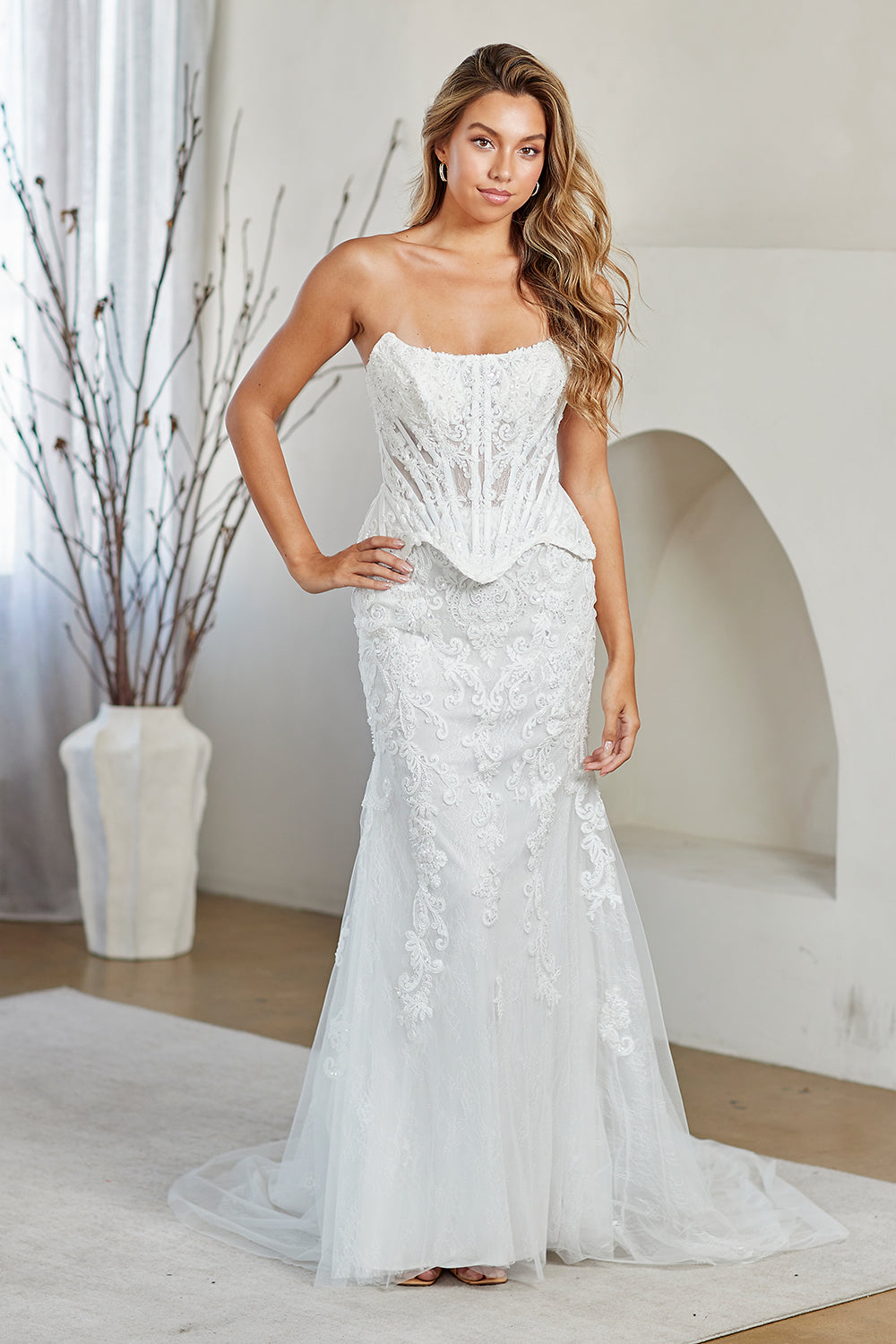 White Applique Strapless Gown by Amelia Couture 2151
