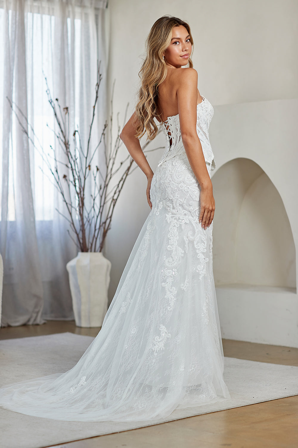 White Applique Strapless Gown by Amelia Couture 2151