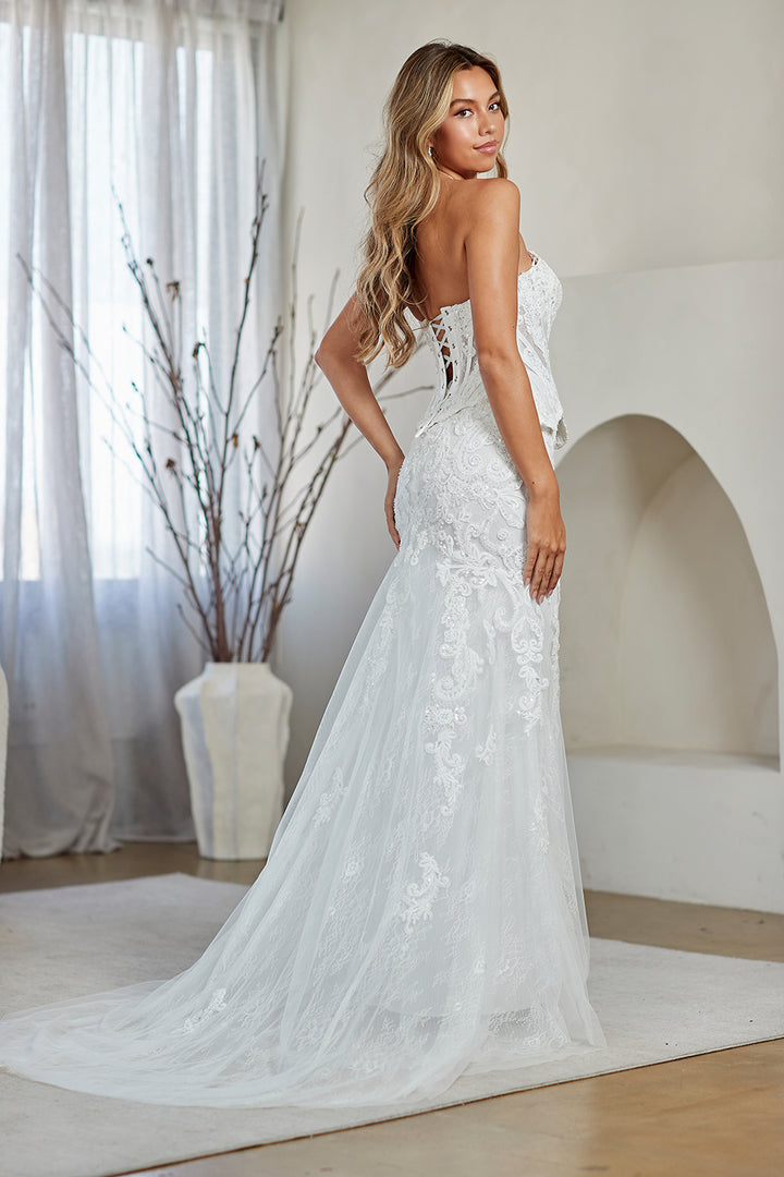 White Applique Strapless Gown by Amelia Couture 2151