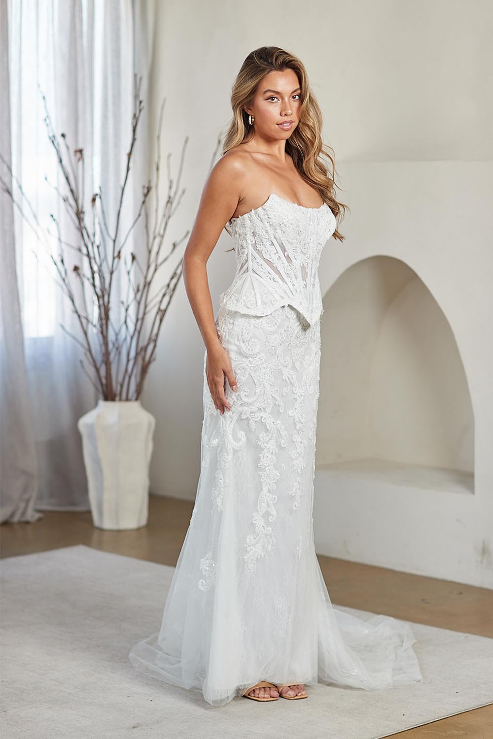 White Applique Strapless Gown by Amelia Couture 2151