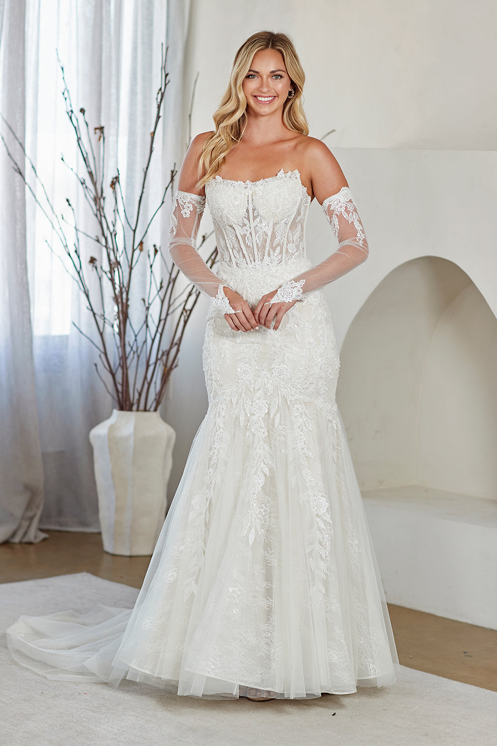 White Strapless Glove Gown by Amelia Couture 2155