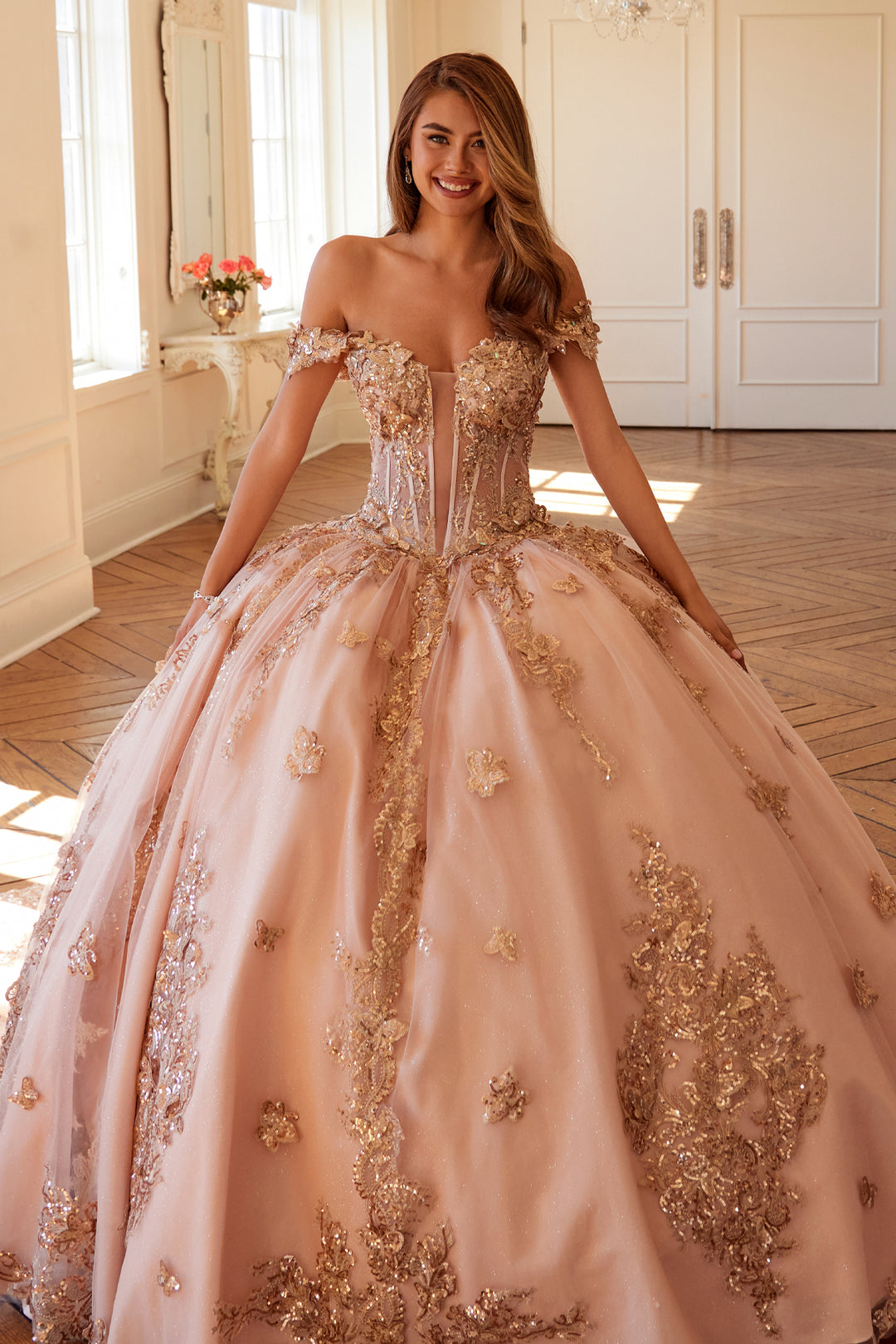 Applique Off Shoulder Ball Gown by Juliet JT1485J