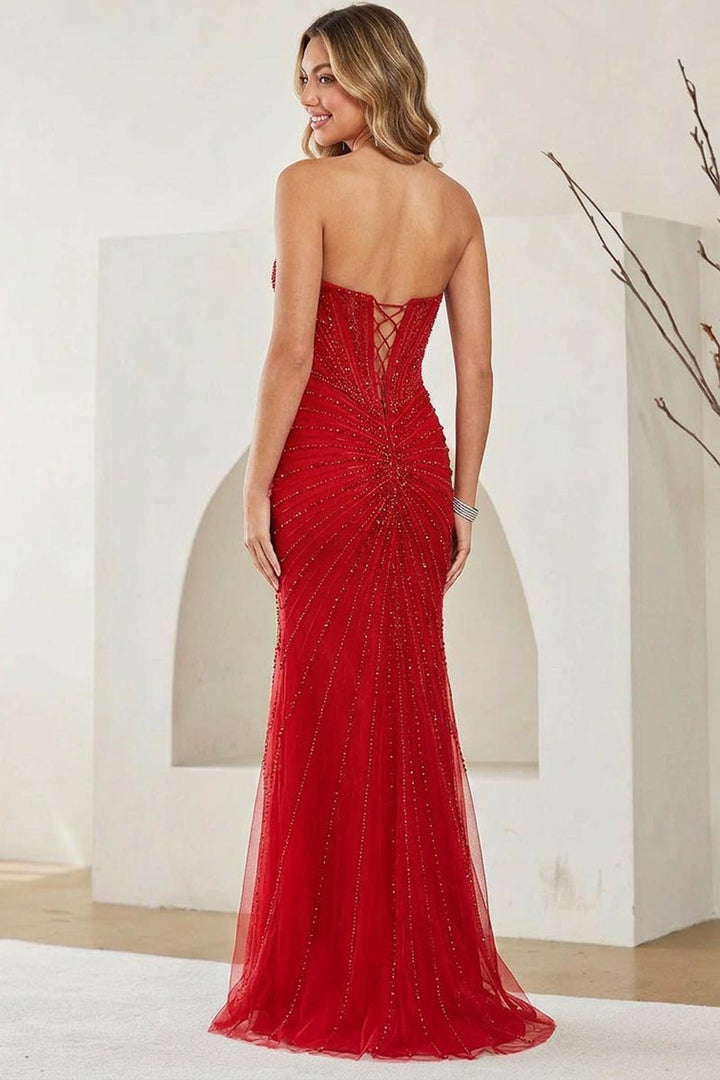 Beaded Strapless Slit Gown by Amelia Couture 9096