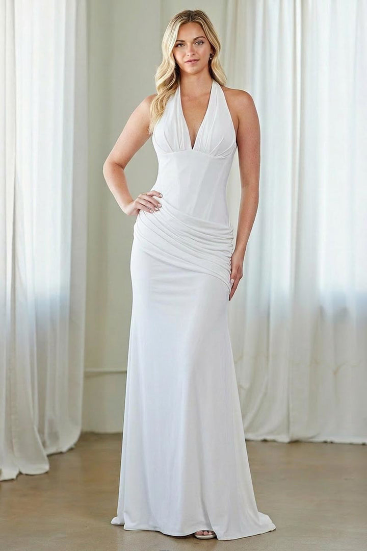 Fitted Halter V-Neck Gown by Amelia Couture 6150