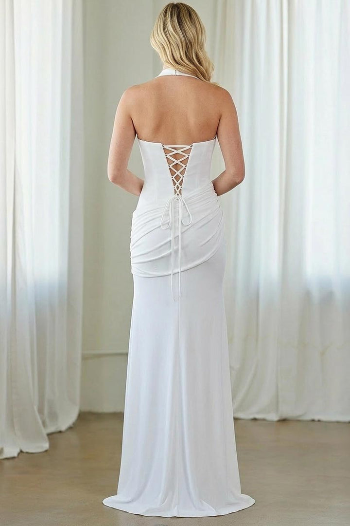 Fitted Halter V-Neck Gown by Amelia Couture 6150