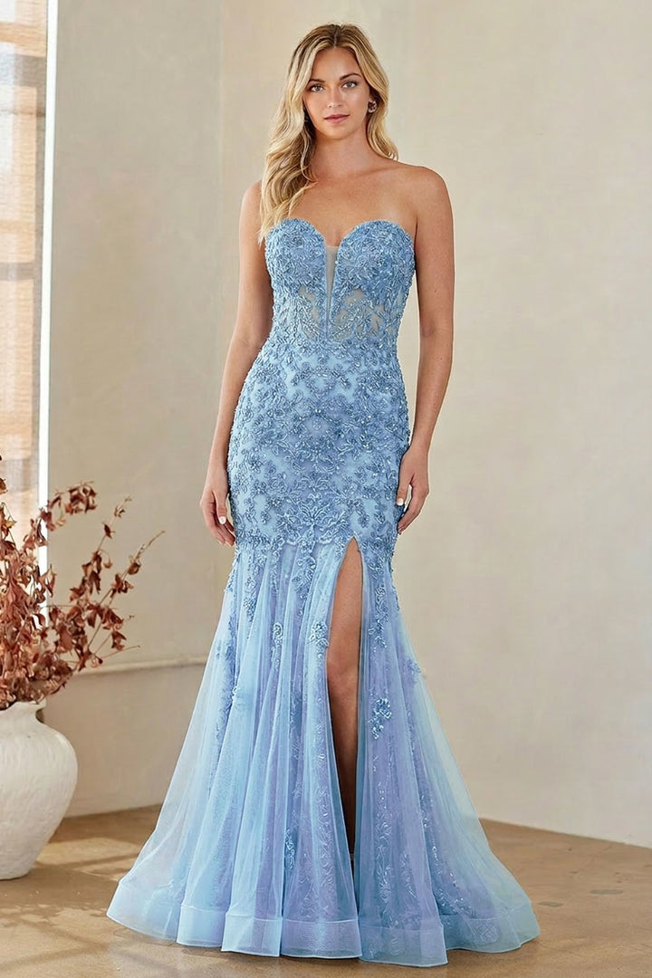 Applique Strapless Slit Gown by Amelia Couture 7090