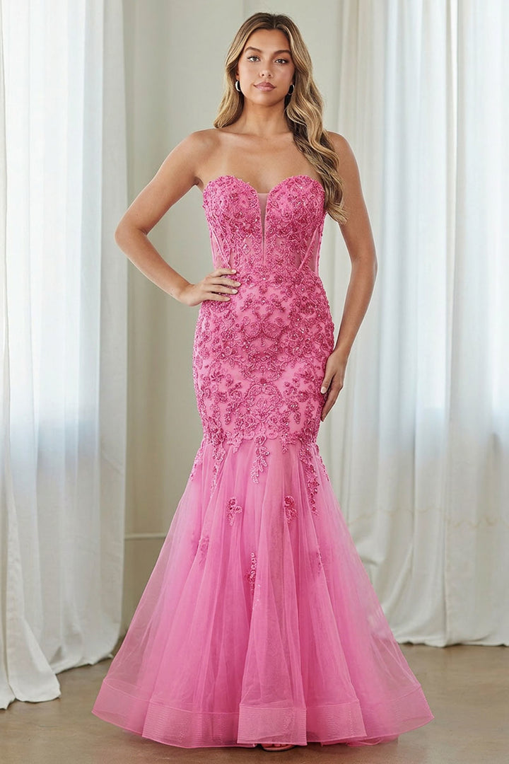 Applique Strapless Slit Gown by Amelia Couture 7090