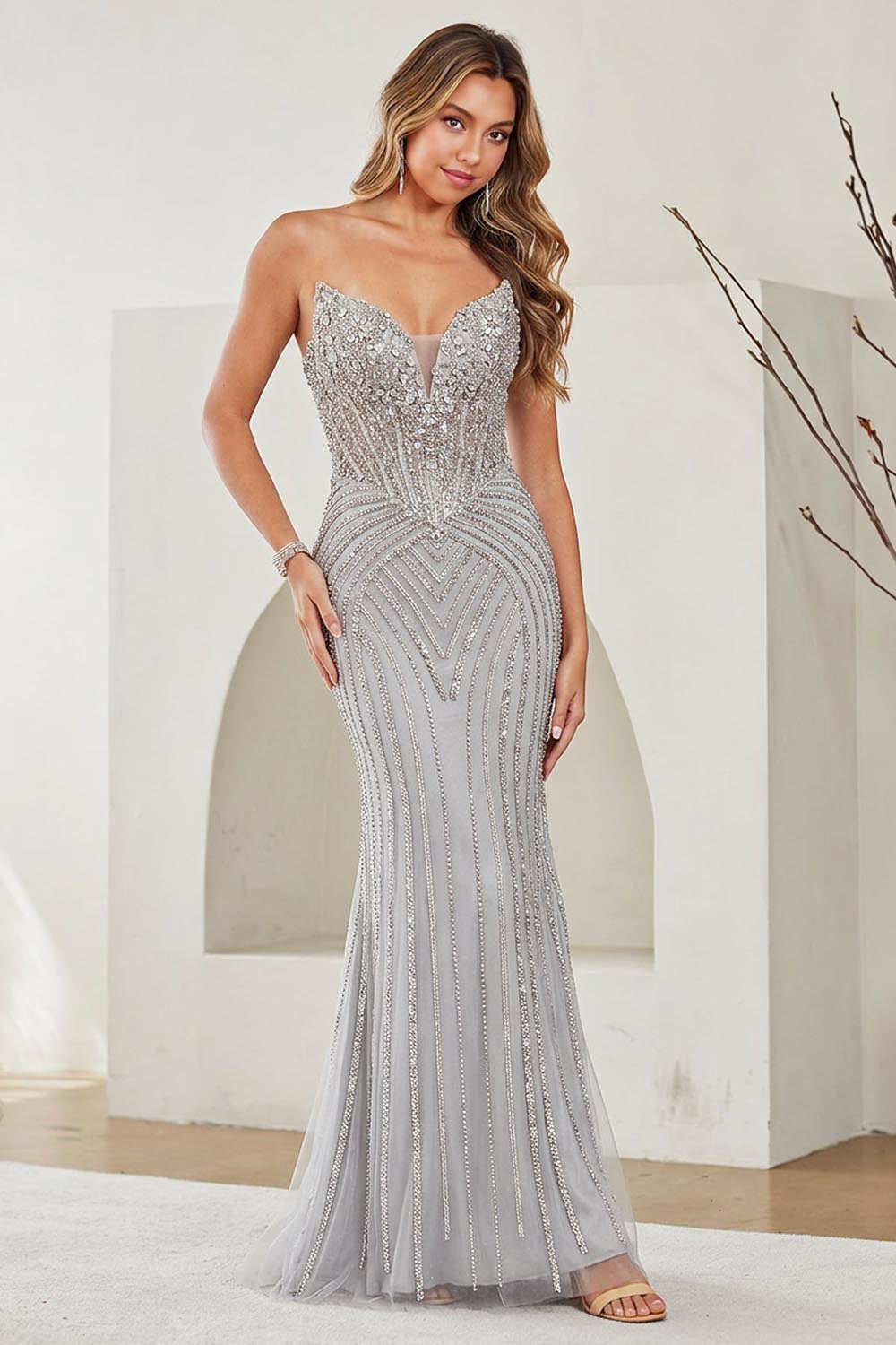 Beaded Fitted Strapless Gown by Amelia Couture 9095
