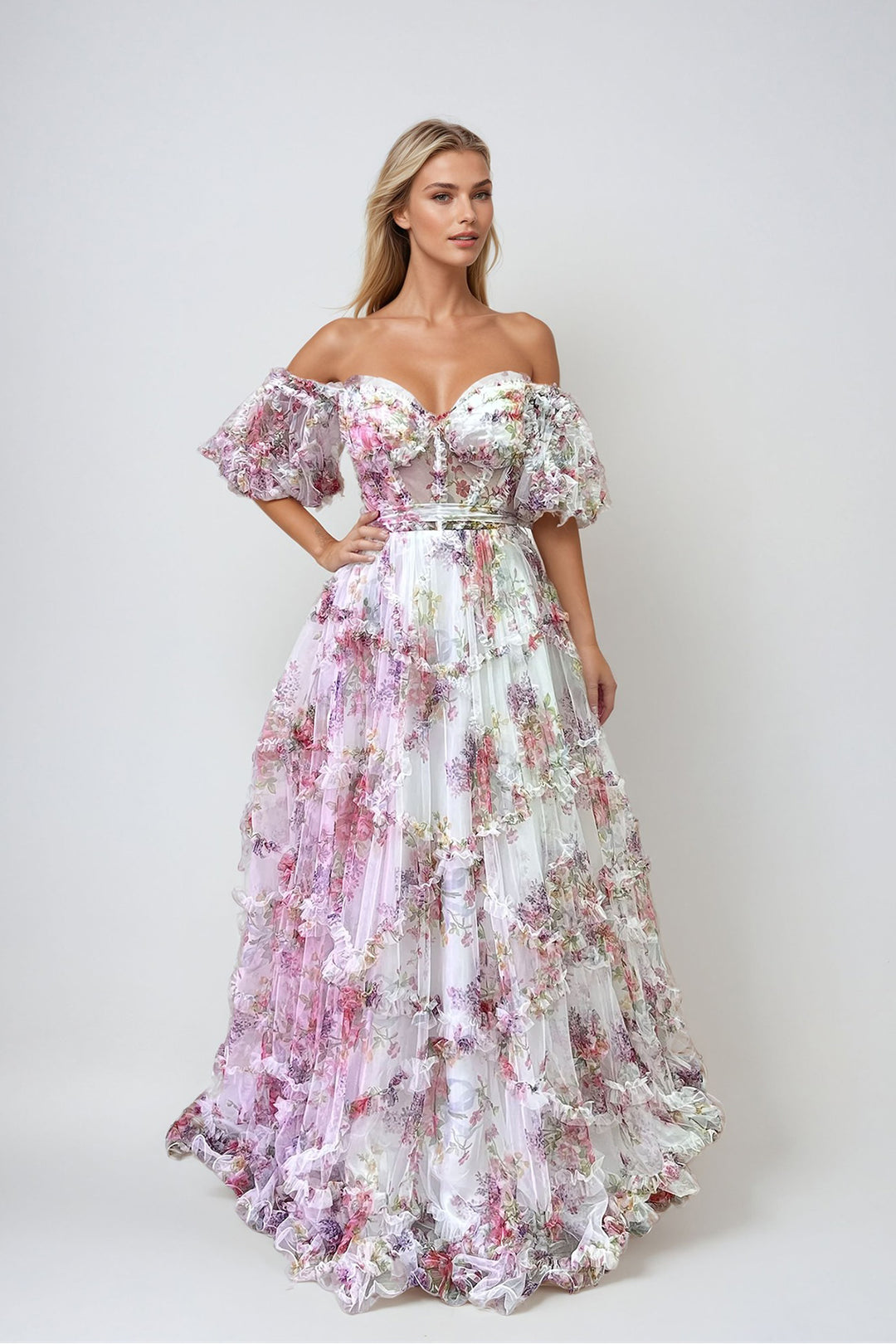 Print Off Shoulder Ruffled Gown by Juliet JT2887C