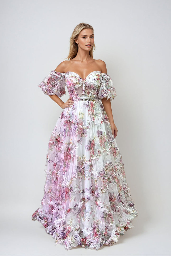 Print Off Shoulder Ruffled Gown by Juliet JT2887C
