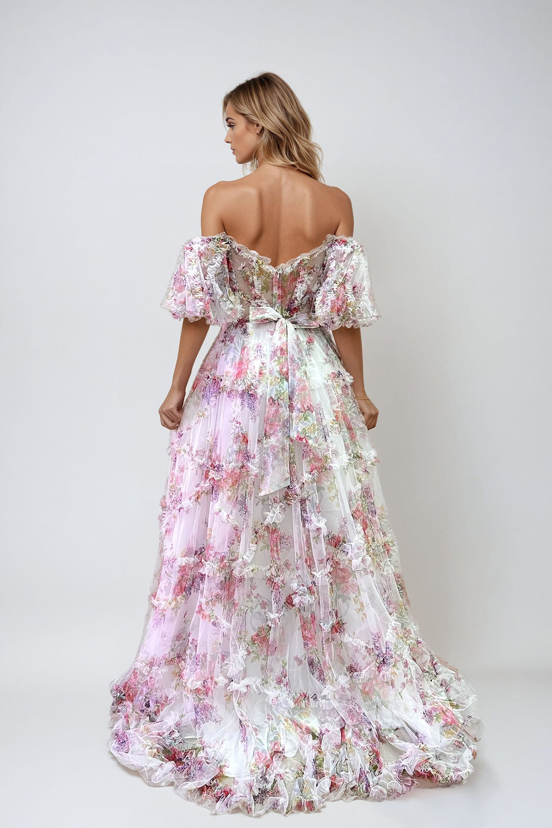 Print Off Shoulder Ruffled Gown by Juliet JT2887C