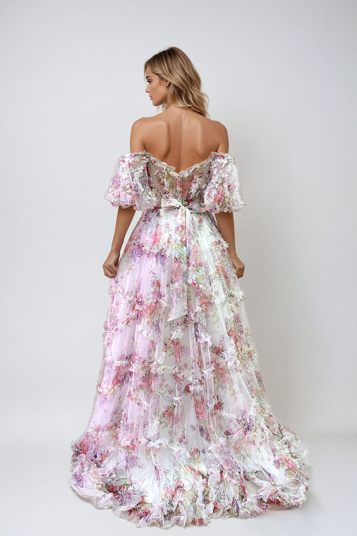 Print Off Shoulder Ruffled Gown by Juliet JT2887C