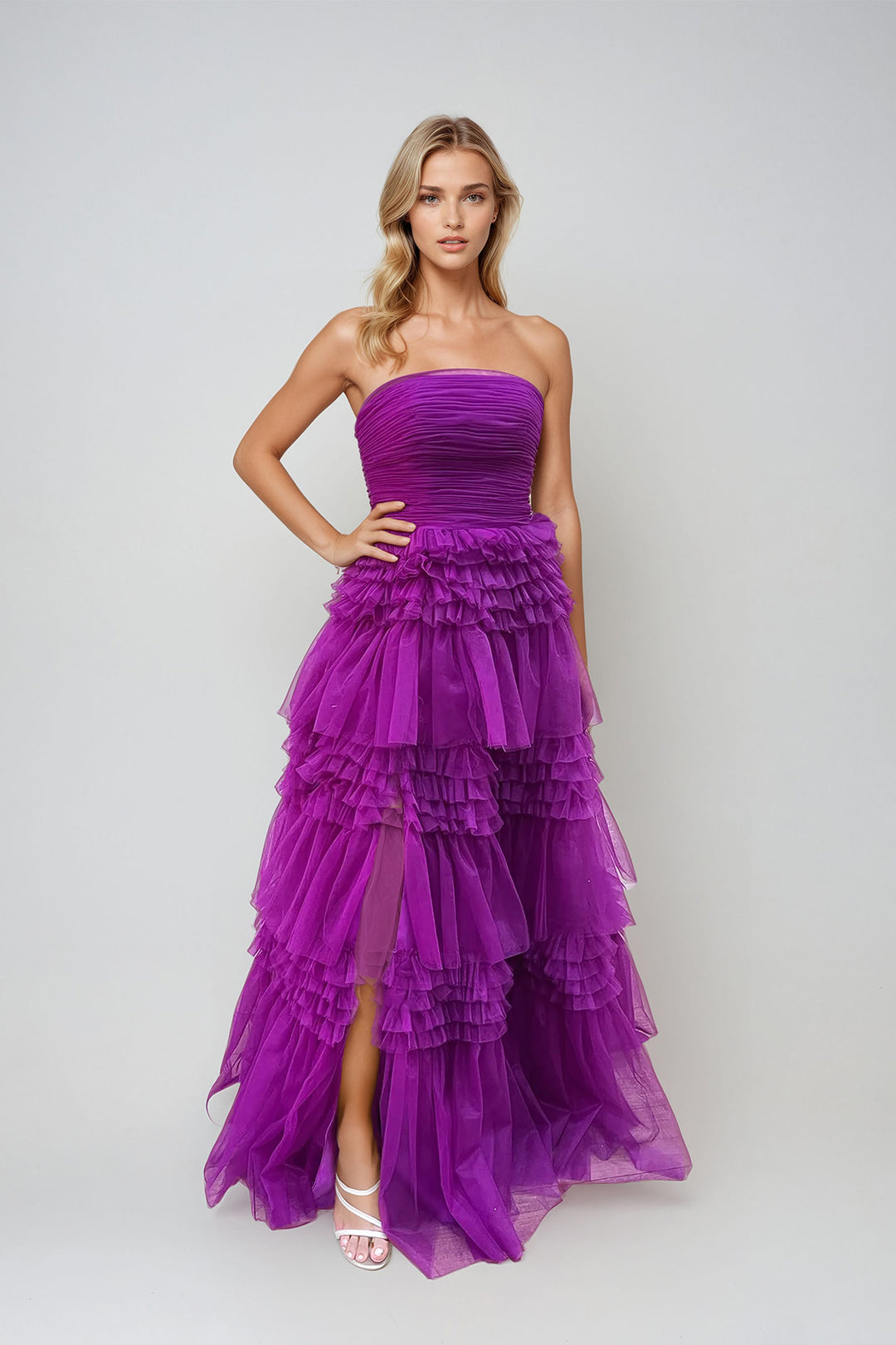 Strapless Tiered A-line Slit Gown by Juliet JT2542S