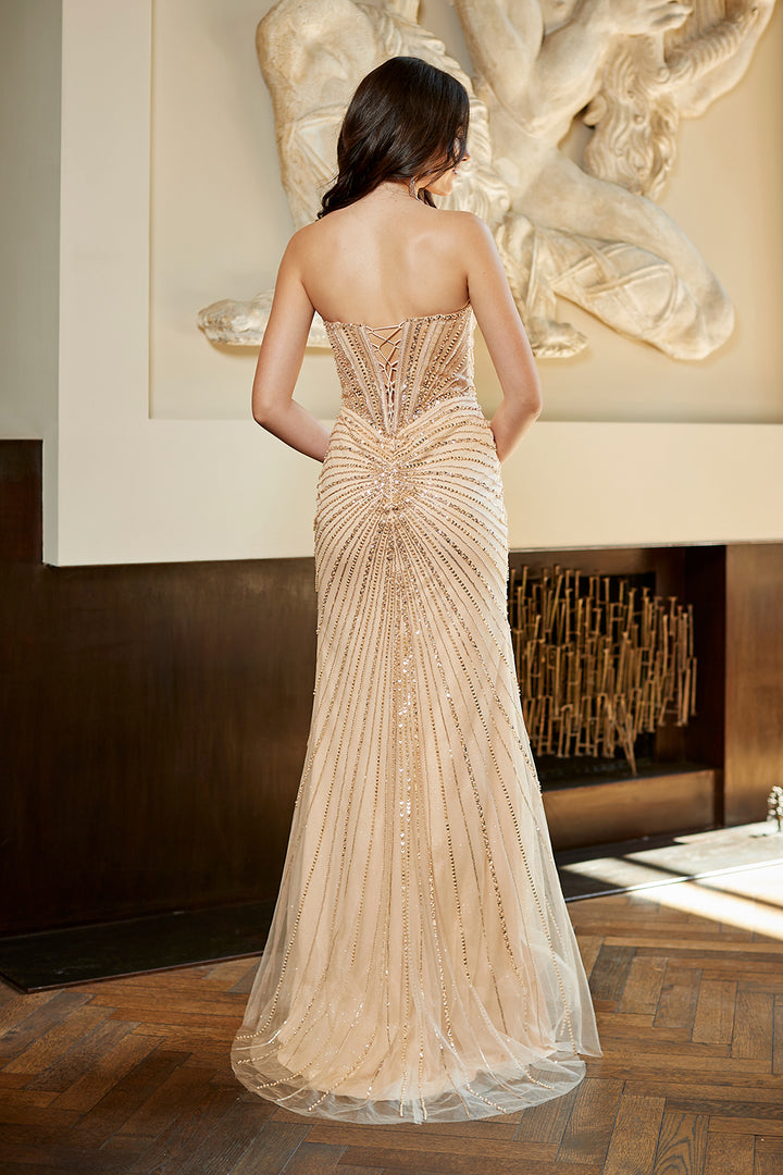 Beaded Strapless Slit Gown by Amelia Couture 9096