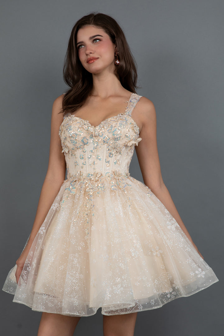 Floral Applique Short Sleeveless Dress by Juliet JT976L
