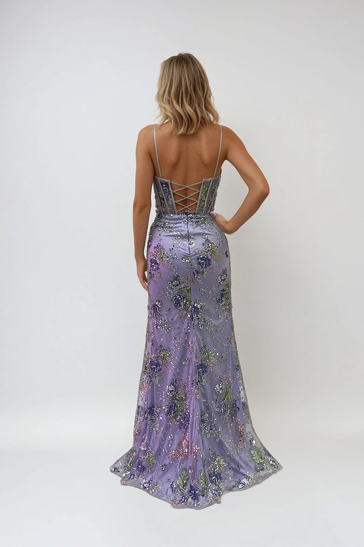 Floral Applique Sleeveless Slit Gown by Juliet JT2505A